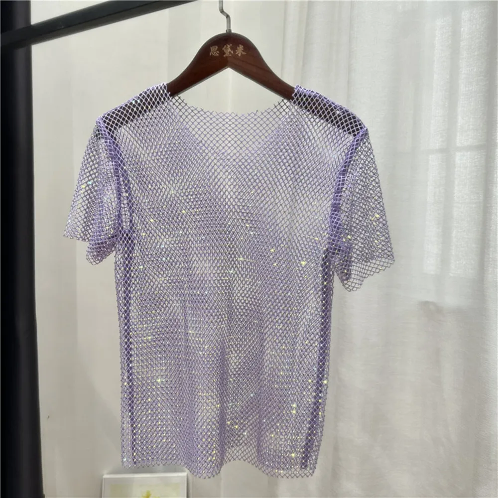 

2023 New Fashion Lady's Crystal Diamond Sexy Bodycon T-shirt Hollow Out Short Sleeve Female See Through T-shirt Y2K