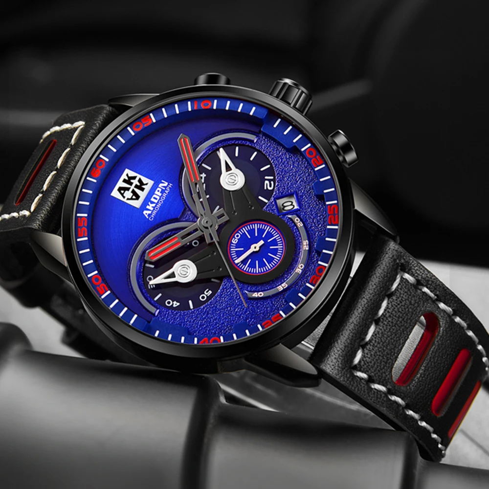 Sports Mens Quartz Watch Creative Function Big Dial Waterproof Clock Male Leather Strap Fashion Watches Hombre Relogio Masculino