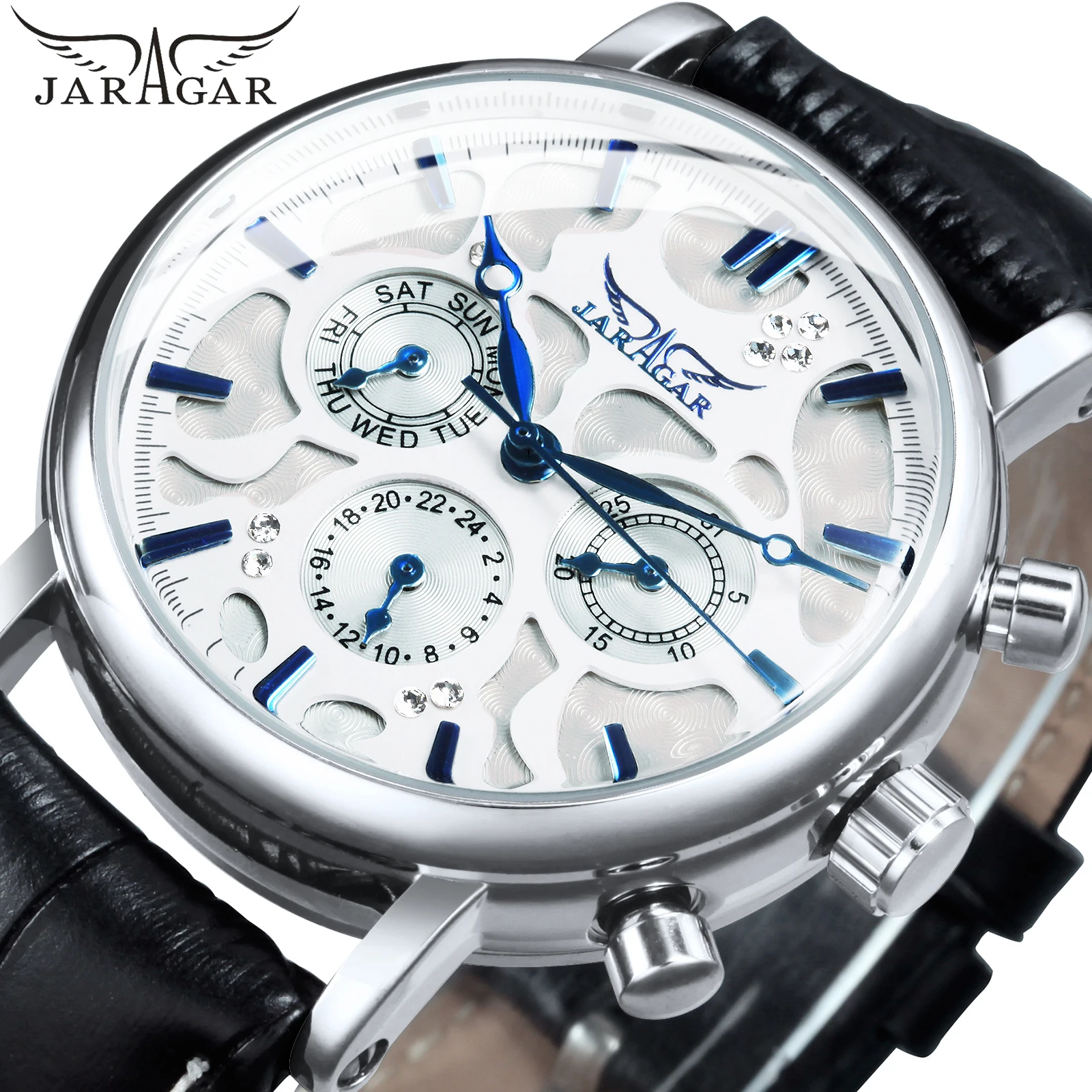 

Fashion Jaragar Top Brand Pilot Mens Mechanical Date Display Blue Pointers Automatic Watch Men Luxury Leather Strap Wristwatches