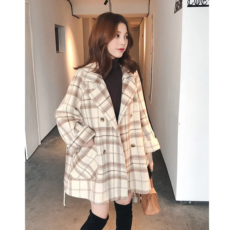

Vintage Plaid Wool Coat Women Winter New Elegant Double Breasted Jacket Female Fashion Thick Pocket Outwear Clothes Mujer