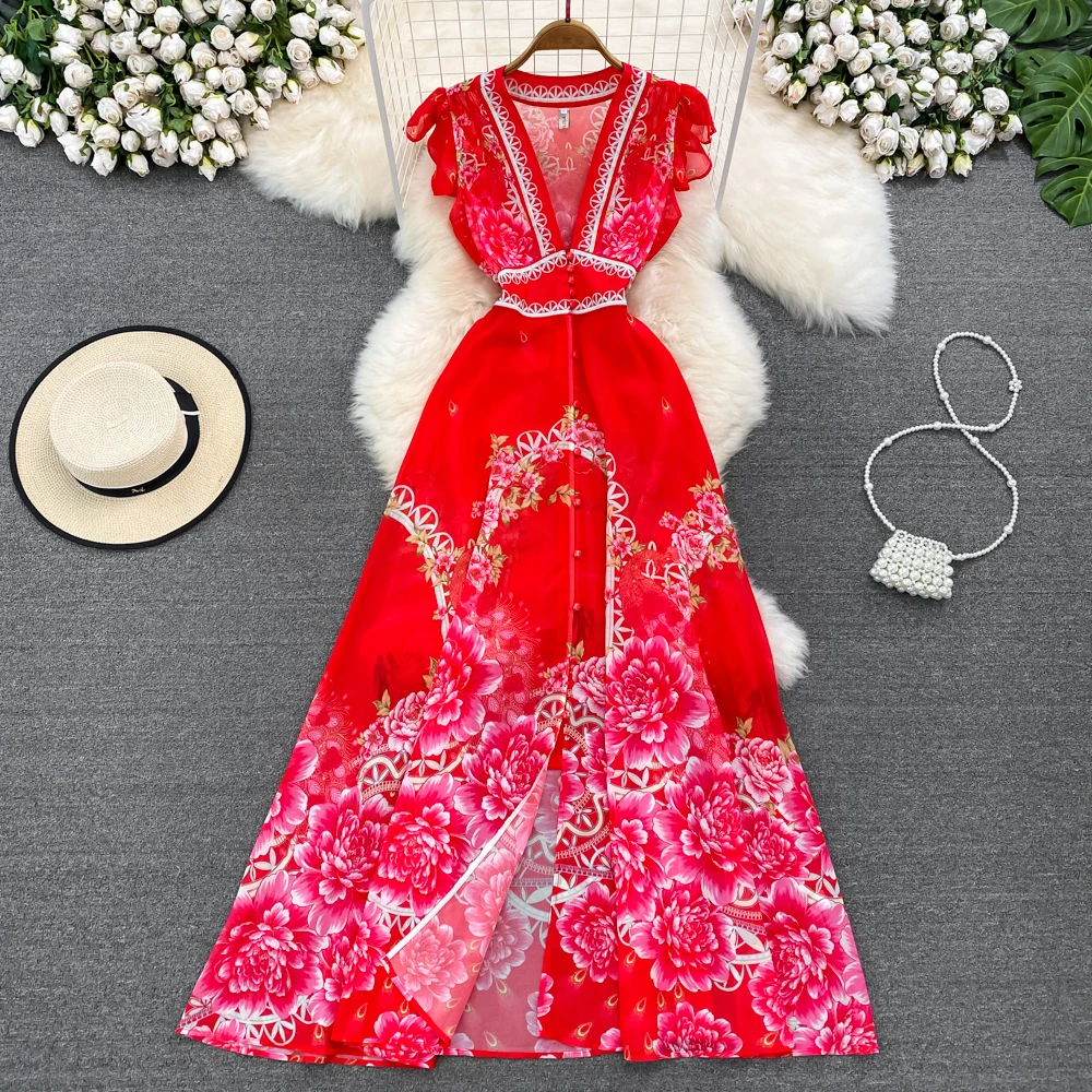 

2023 Fashion Runway Print Summer Dresses For Women Deep V Neck Flying Sleeve Single Breasted Split Long Pleated Chiffon Vestidos