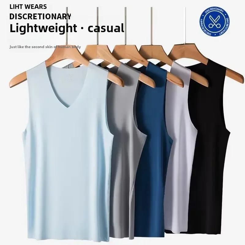 Men's Ice Silk Vest Seamless Sports Fitness Sweat Absorbent Quick Dry V-neck Elastic Shoulder Vest Color Underworkout Shirt