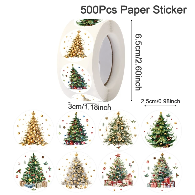 500 Stück Frohe-Weihnachts-Aufkleber, runde Weihnachtsbaum-Etiketten, Aufkleber für Geschenke, Backpapier, Umschläge, Schreibwaren, Dekoration – Detail 7