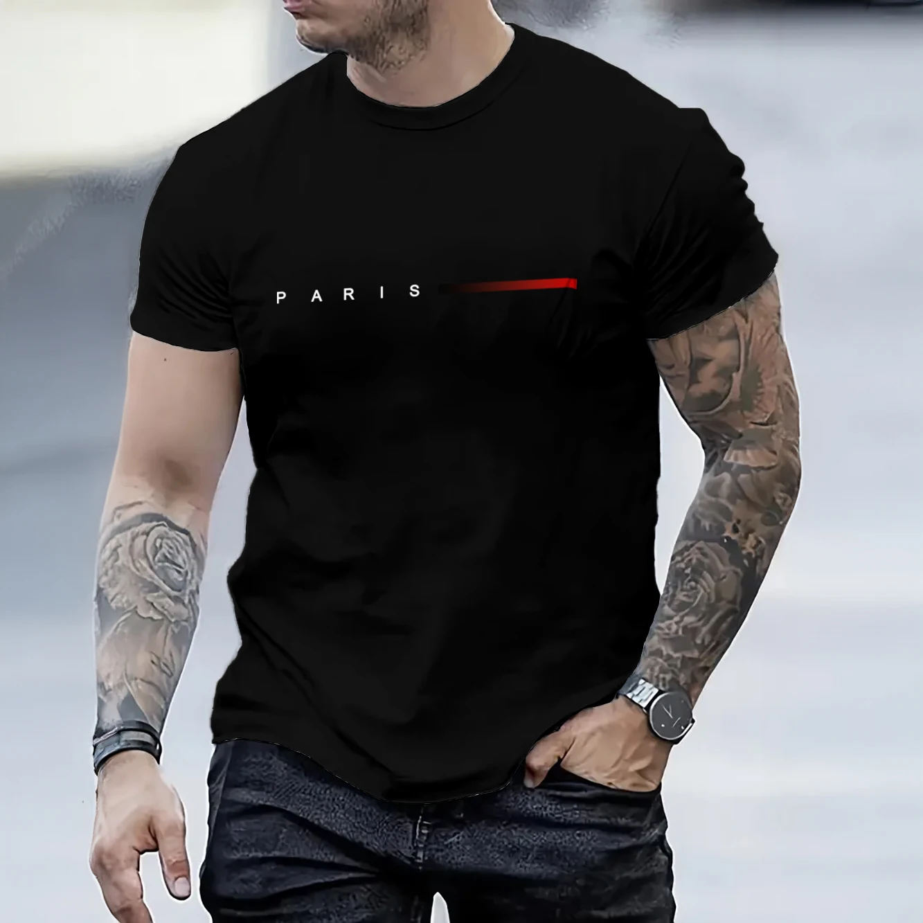 

Casual Men's T-Shirt “Paris” Letter Pattern Short Sleeved T-Shirts 3d Word Print Tops Slim Fit Men's Clothing Oversized T-Shirts