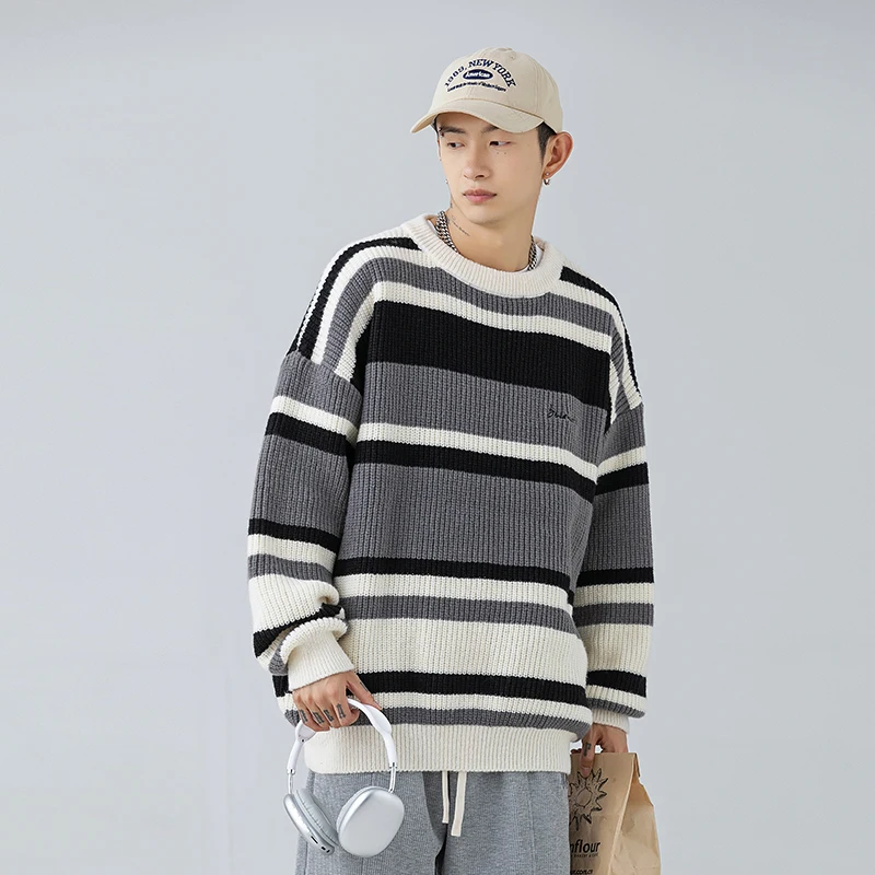 Basic sweater Autumn winter men's stripe embroidery knitted sweater