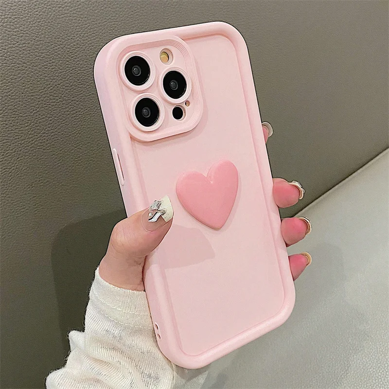 Charming 3D Love Heart Pink Silicone Phone Case with Air Matte Finish