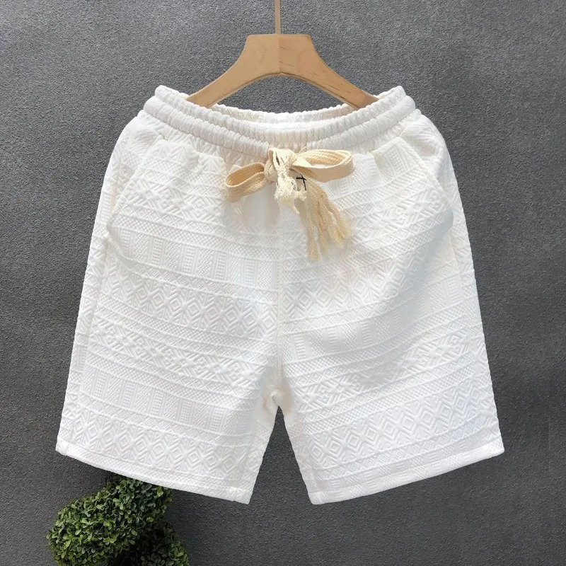 Summer Men's 2024 New Patchwork Elastic High Waist Drawstring Pocket Fashion Solid Color All Match Loose Fitting Casual Shorts