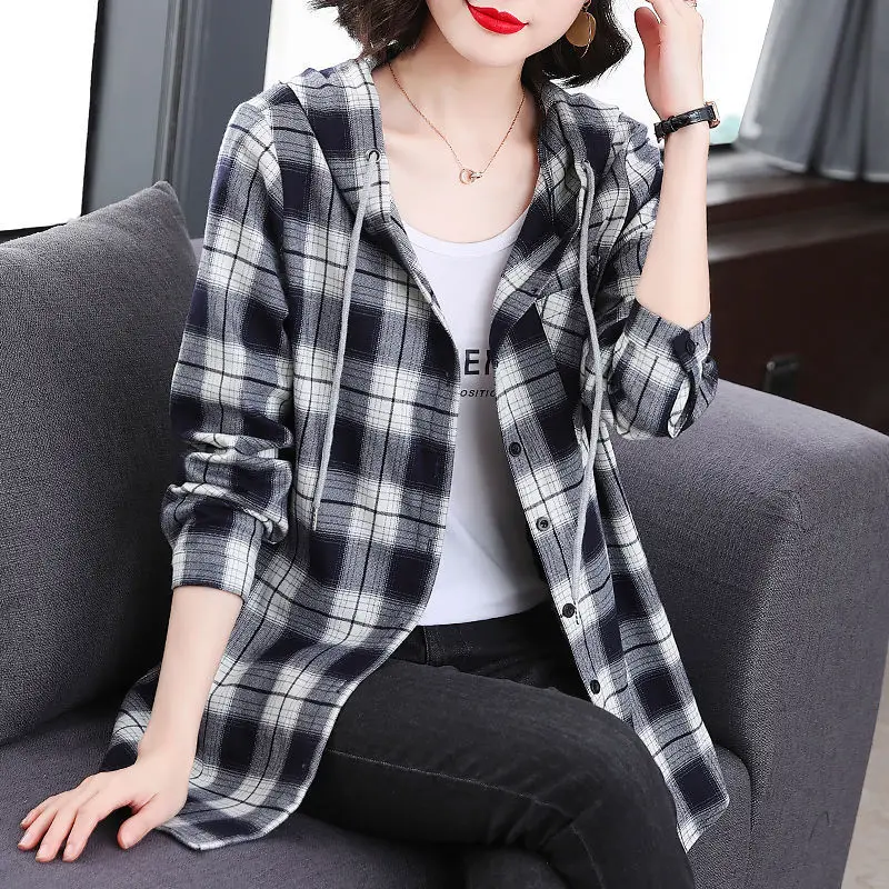 Women Classic Vintage Plaid Print Drawstring Button Hooded Shirt Casual Streetwear Oversize Blosue Female Long Sleeve Tunic Tops