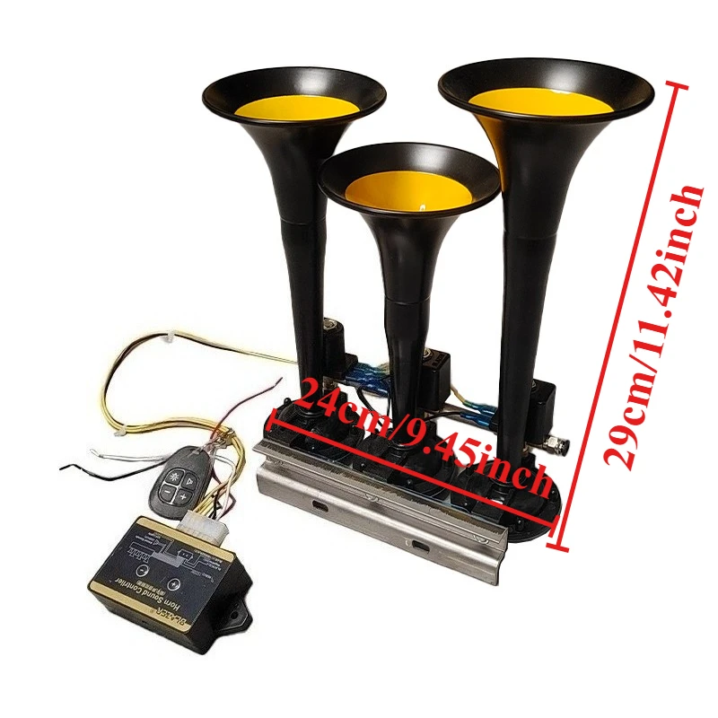 125DB LED 12/24V 15 톤 3 튜브 수정 트럭 기차 트레일러 시끄러운 전기 경적 솔레노이드 밸브 시끄러운 스피커 사이렌 에어 호른