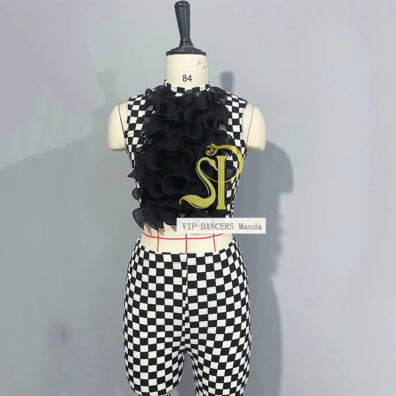 

Gogo Dancer Singer Stage Costume Nightclub Bar Dj Performance Wear Sleeveless Crop Top High Waist Slim Plaid Flared Pants