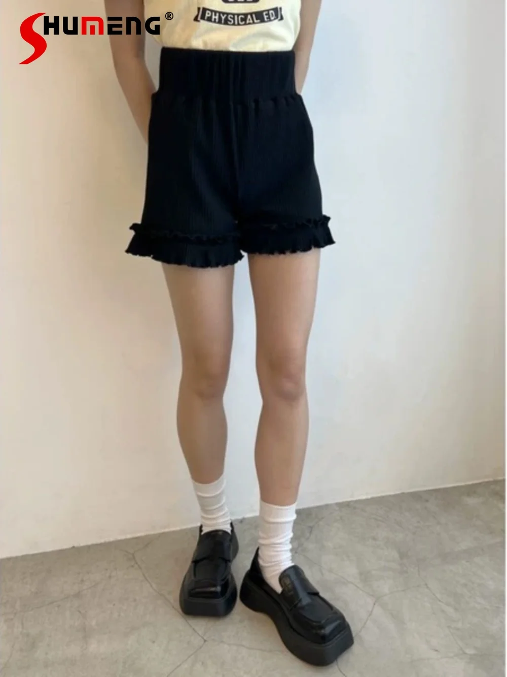 Sweet High Waisted Ruffled Hem Black Shorts for Women 2024 New Japanese Style High Elastic Cotton Solid Color Short Pants Female