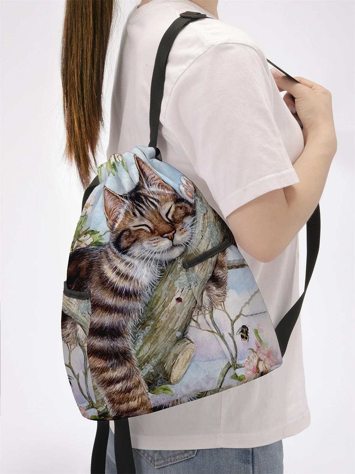 Cute Cat Pattern Printed Drawstring Backpack - Large Capacity Durable Fitness Bag, Sports Beach Backpack