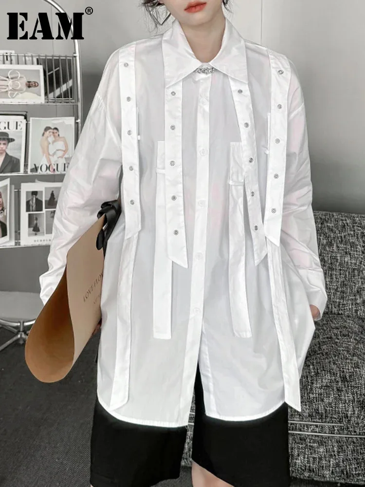 

[EAM] Women White Big Size Ribbon Spliced Casual Blouse New Lapel Long Sleeve Shirt Fashion Tide Spring Autumn 2024 1DH4413