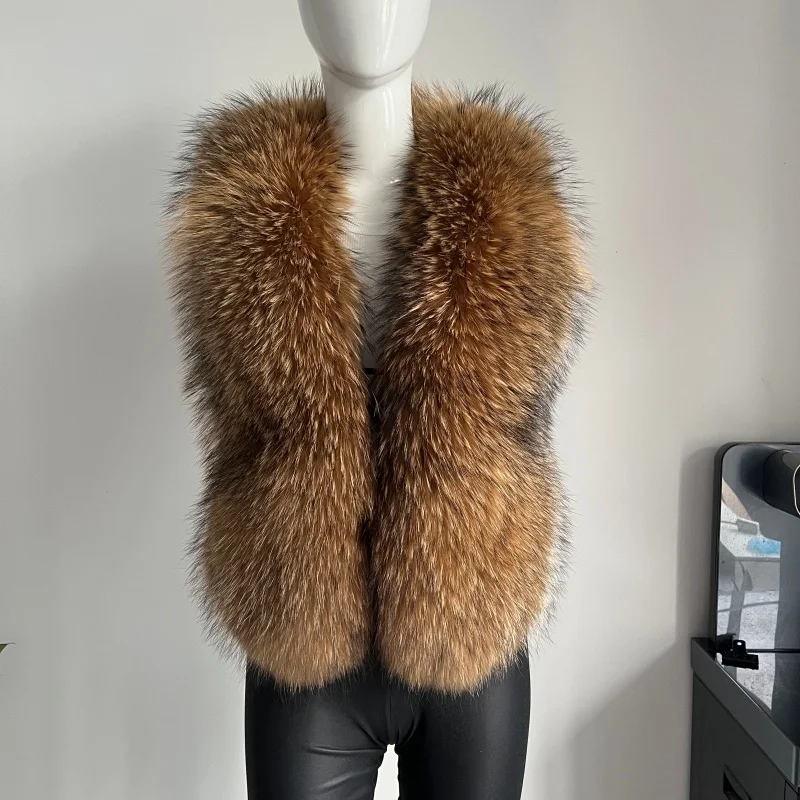 BEIZIRU – gilet de luxe moelleux en vraie fourrure de raton laveur pour femmes, col licou, sans manches, décolleté en v profond, haut rigide, vêtements d'extérieur