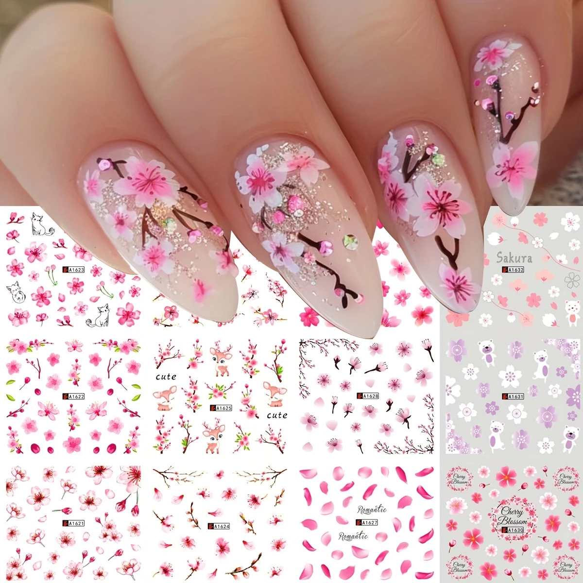 Cherry Blossom & Bear Water Transfer Nail Stickers - Pink Floral Design