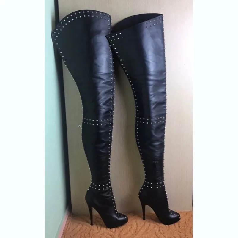 

2024 New Women Over The Knee Boots Sexy Rivets Stiletto High Heels Boots Round Toe Black Night Club Shoes Women US Size 5-15