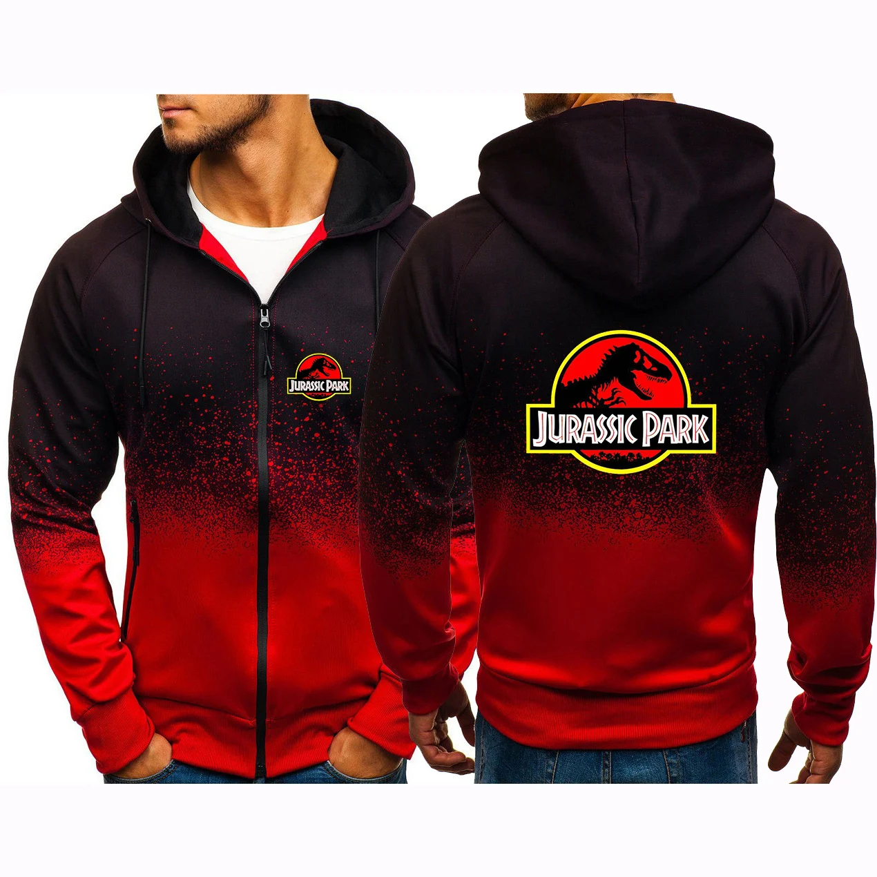 Jurassic Park 2023 New Spring and Autumn Gradient Color Hooded Comfortable Tracksuit Men Zipper Cardigan Sweatshirt Jackets