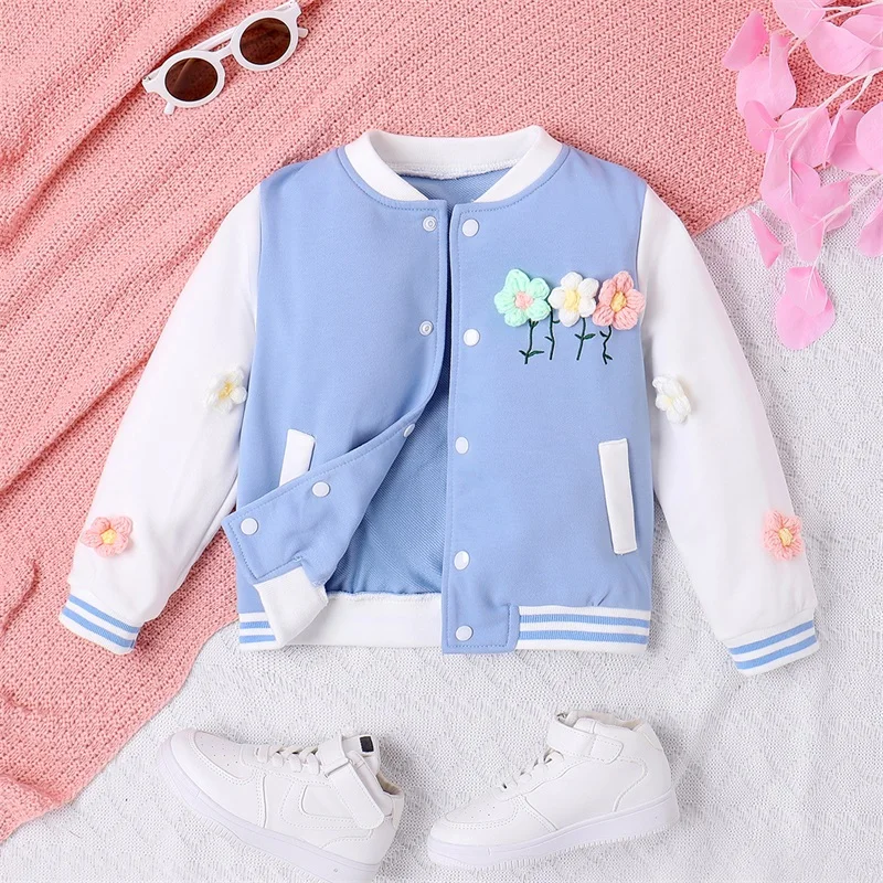 

Cute Flower Embroidery Warm Baby Jacket Toddler Baby Girls Clothes Casual Baseball Uniform Outerwear Winter Fall Kids Coat