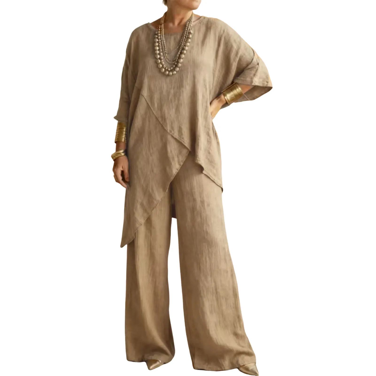 Ensemble 2 pièces coton et lin femme - haut col rond et pantalon large - SANWOOD