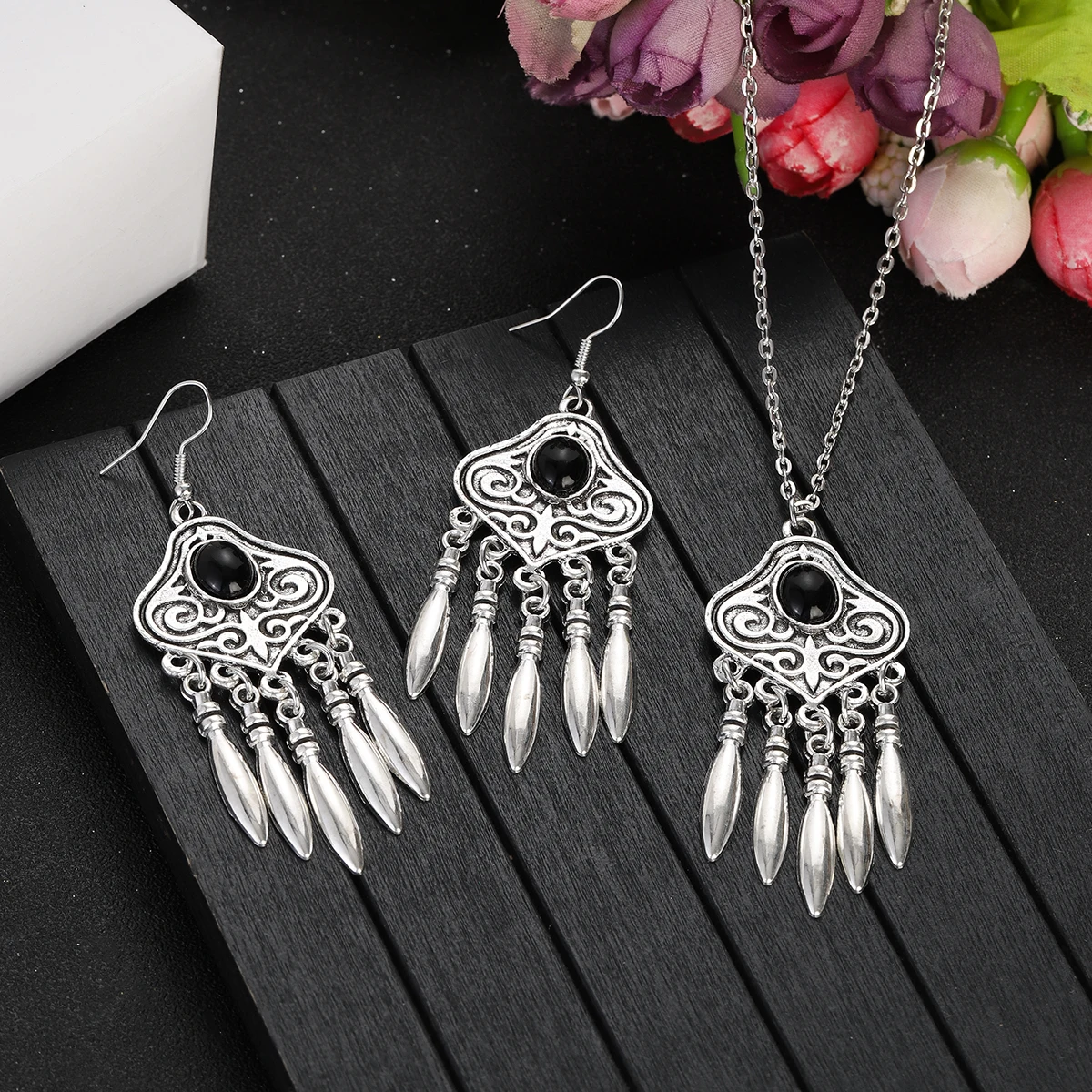 Ethnic Silver Plated Geometric Carved Tassel Jewelry Set with Blue Turquoise