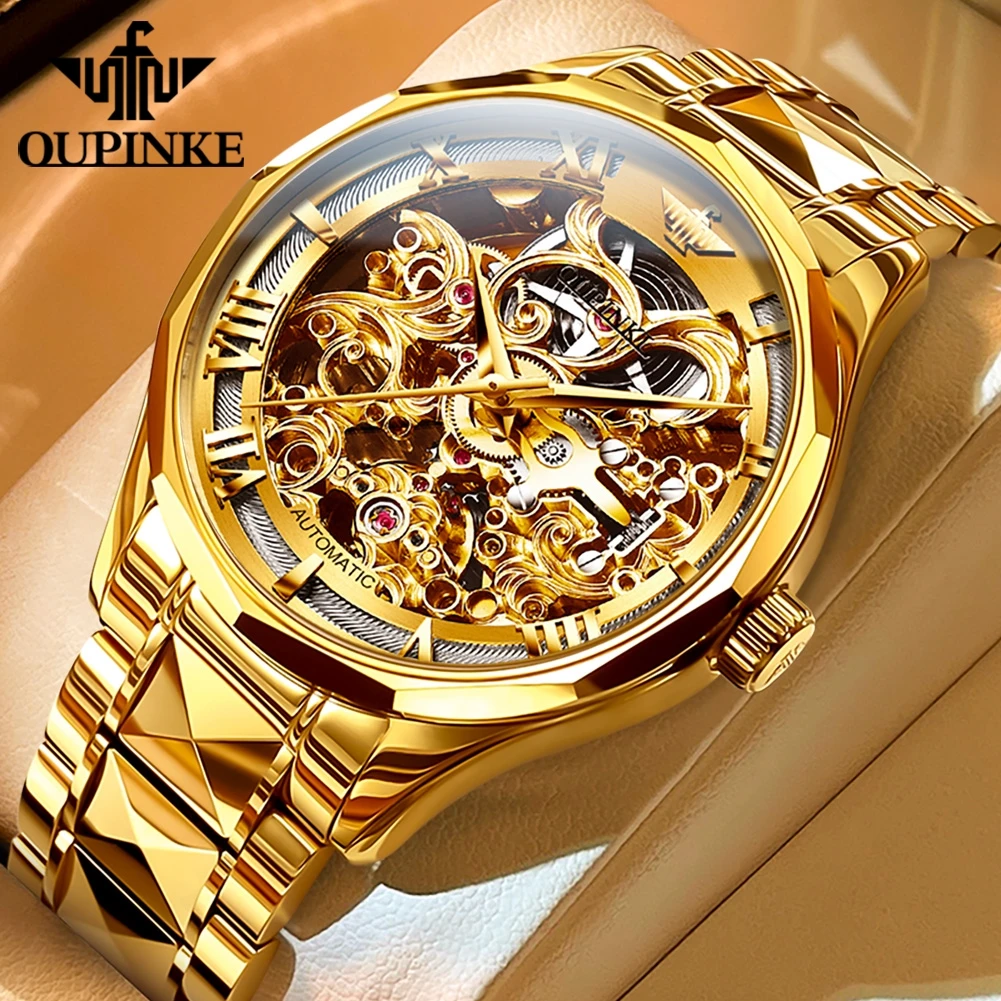 OUPINKE Automatic Mechanical Watch for Men Swiss Certification Gold Watch Skeleton Sapphire Crystal Waterproof Man Wristwatch