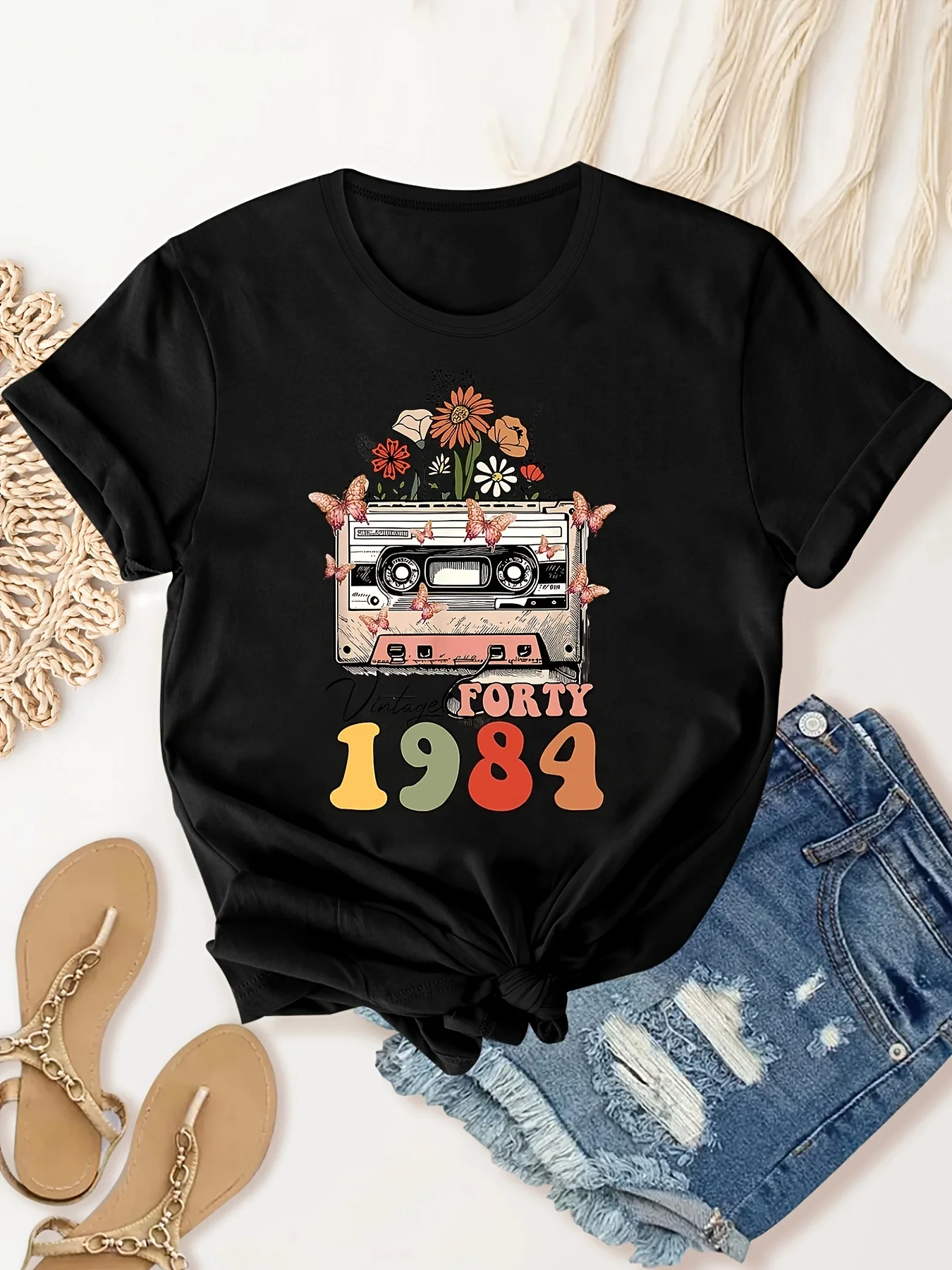 1984 Vintage Radio Print Women's Fashion Short Sleeve T-shirt - Summer Top Tee