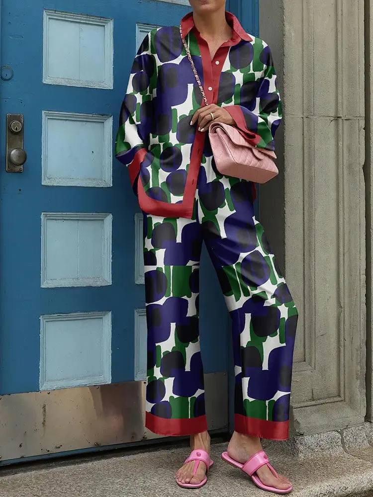 2024 Autumn New Loose Vintage Printed Pant Sets Women Long Sleeve Shirts And Wide Legs Trousers Two Piece Set Fashion Streetwear