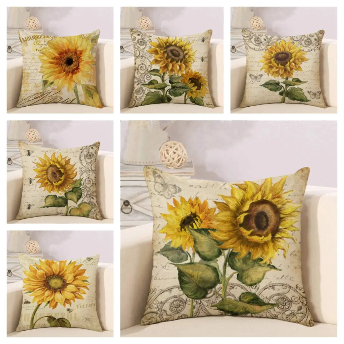 

Retro Sunflower Print Linen Pillowcase Sofa Cushion Cover Home Decoration Can Be Customized for You