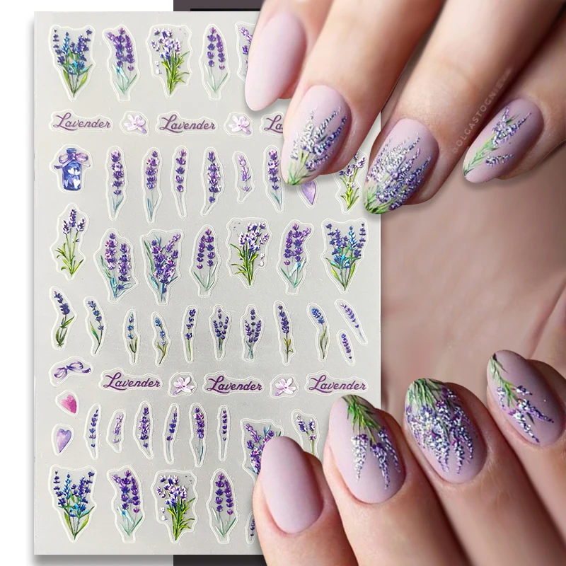Nail Stickers Nail Art Decoration Nail Decals Flower Stickers 3D Purple Flower Green Leaf Floral Cherry Spring Water Decals Sliders Manicure Butterfly Tips Decor