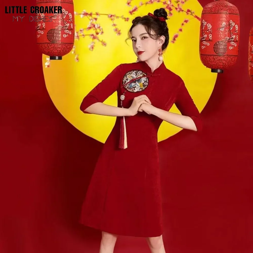 Ins Red 2023 Fashion Modern Chinese New Year Clothes for Woman Cheongsam A-line Dress Women Qipao Traditional Chinese Clothes