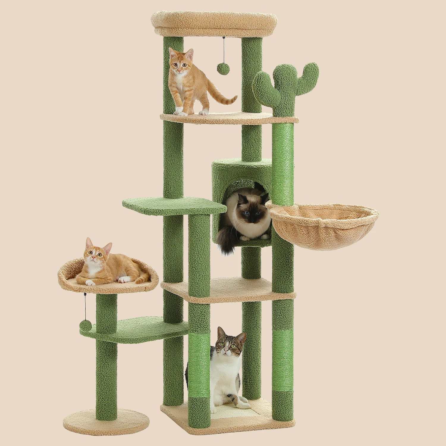 

Height150CM Cactus Large Cat Tree Tower for Indoor Climbing Jumping Soft Cozy Hammock Condo Green Natural Sisal Scratching Posts