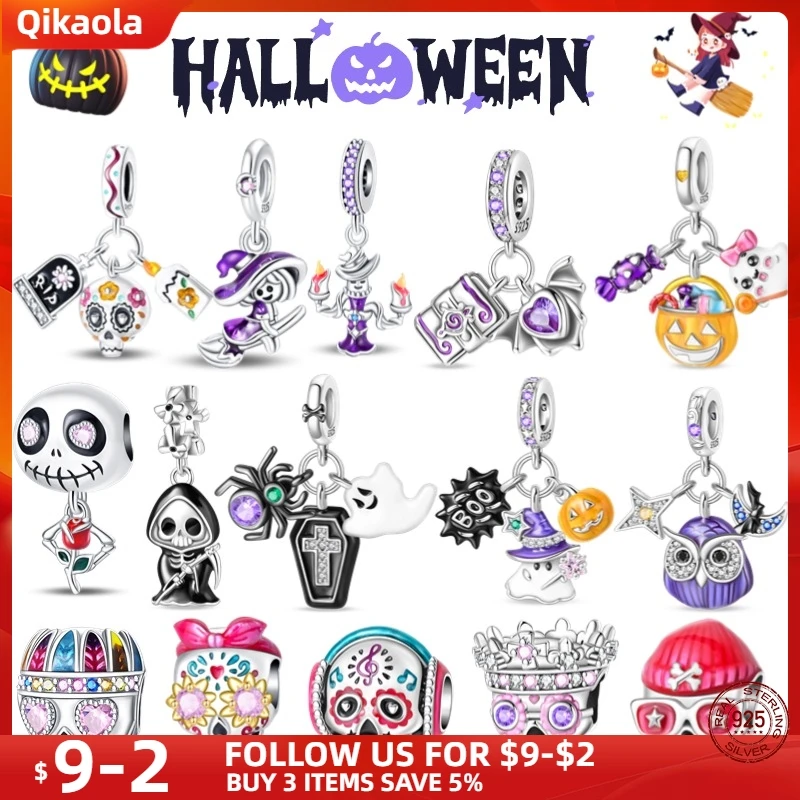 New in 925 Silver Halloween Collection Charm Glowing skull Beads Fit pand 3mm Bracelet DIY Pendant Woman Jewelry Hot Sale