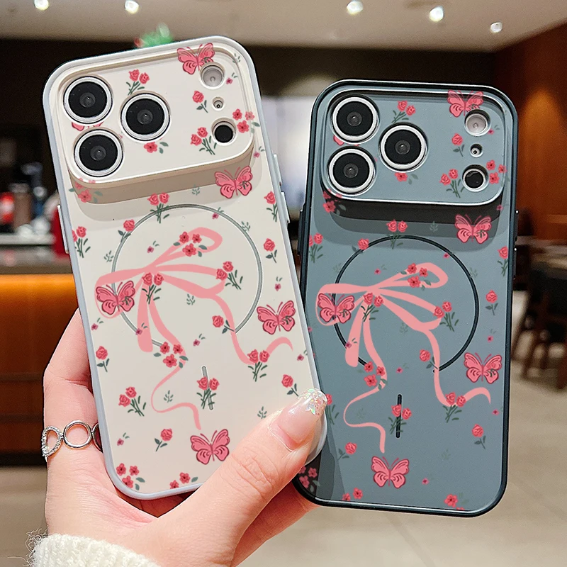 Pink Bow Rose Print Magnetic Phone Case with MagSafe Compatibility - TPU & PC Back Cover
