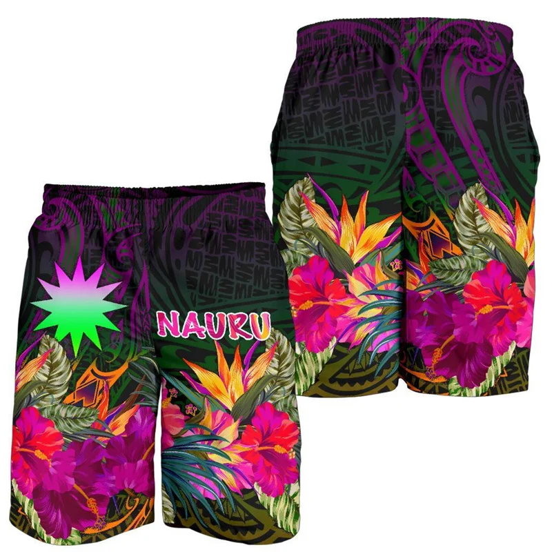 Nauru Men's Shorts Hawaii Beach Short Trunks Summer Vibe Swim Gym Ice Boy Polynesian Floral Board Pants 5