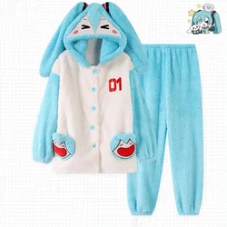 Anime - Inspired Cartoon Miku Coral Fleece Sleepwear Set with Hat - L Weight 50 - 60KG (Hatsune Miku)