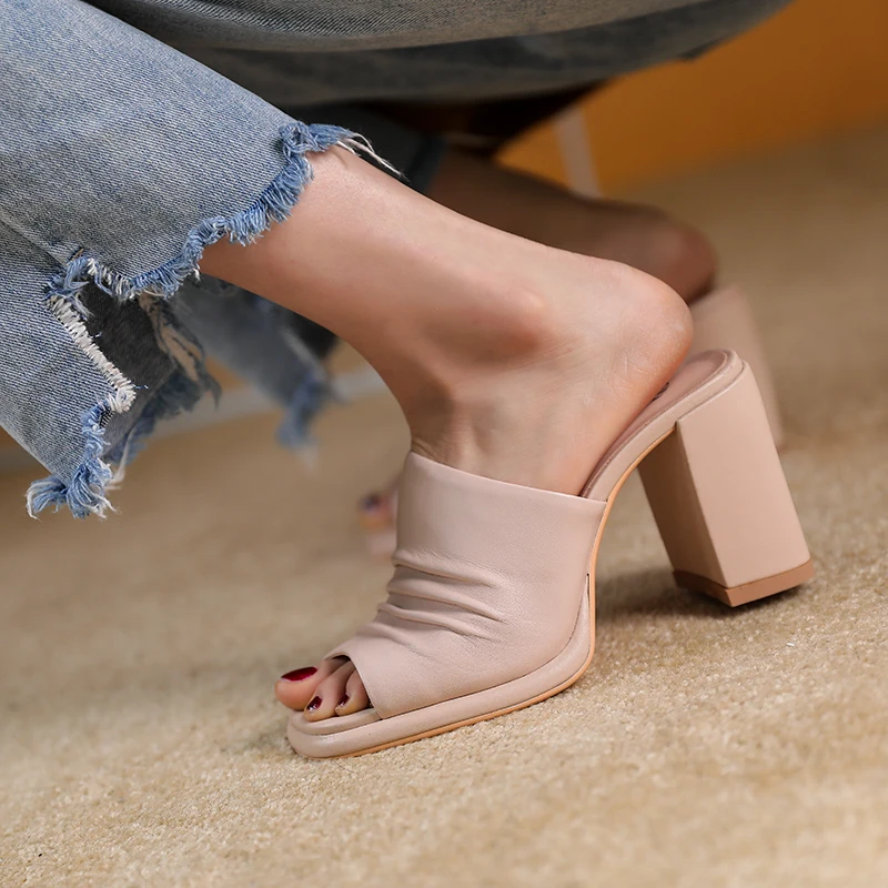 

Women's Slippers Thick Square Heel Women's Daily Pumps Open Toe Sandals Sheepskin Real Leather Elegant Pumps Fashion Slipper