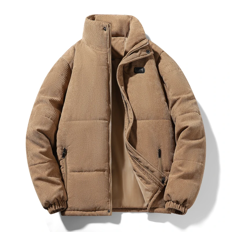 

Winter Corduroy Parkas Men's Fashion Stand Neck Cotton Coat Street Wear Thick Warm Retro Loose Down Coat Large Jacket