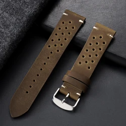 Vintage Racing Leather Watch Strap - Dark Brown Breathable Porous Design - 22mm (Dark Brown)