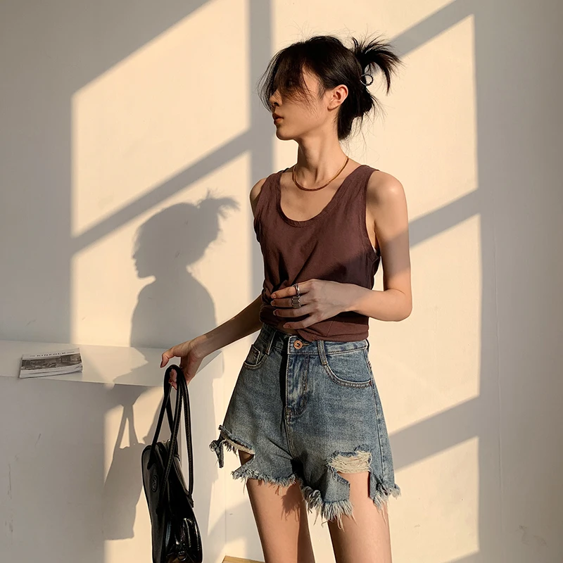 Summer Sexy Ripped Denim Shorts High Waist Women Jeans Short Loose Wide Leg Pocket Tassel Shorts Femme Street Hot Girl Clothing