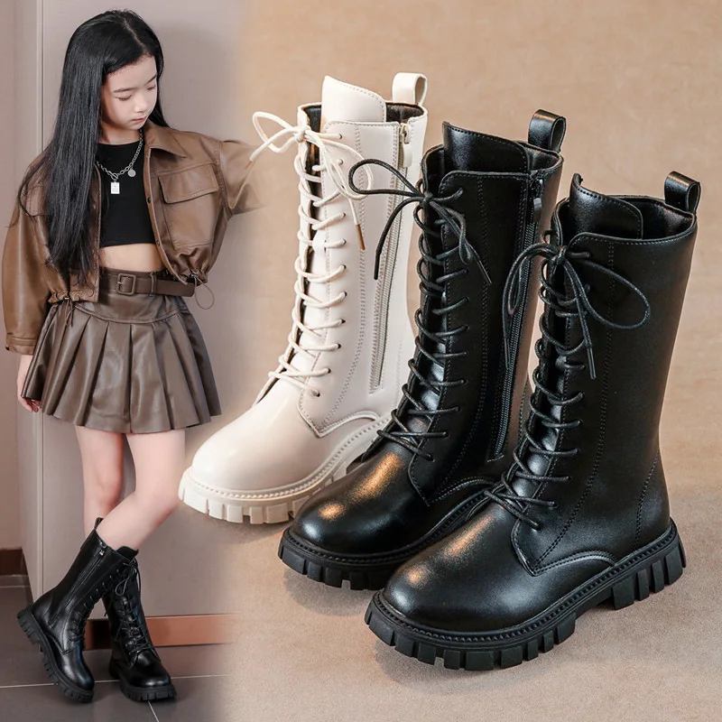 White Black Children's Knee-high Boots For Girls Leather Shoes Zipper Lace-up 3-13Years Old Kids Fashion Boots for Autumn Winter