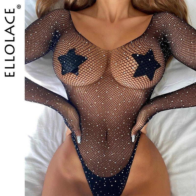 Ellolace Off Shoulder Fishnet Bodystocking Sexy Transparent Glitter Long Sleeve Bodysuit See Through Exotic Costumes Porn Tights women underwear sexy lingerie
