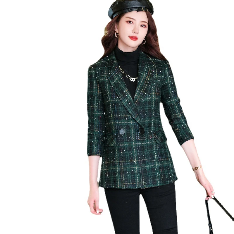 

High Quality Women's New Style Elegant Plaid Double-breasted Blazer High End S-4XL Autumn and Winter Ladies Jacket