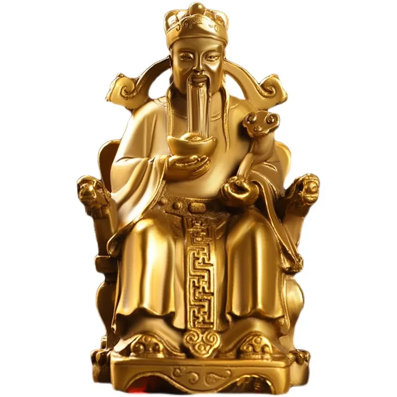 Pure Copper God of Wealth Statue - Sitting on Dragon Throne with Ruyi Scepter & Gold Ingots, Lucky Feng Shui Decor ，Home/Office