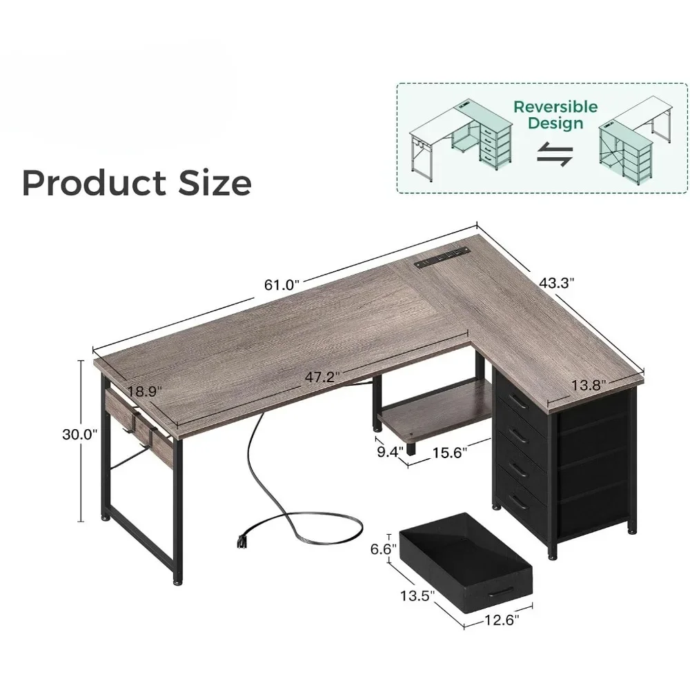61" L Shaped Desk with 4 Tier Drawers, Power Outlets, Computer Desk with USB Charging Port and Host Stand 2