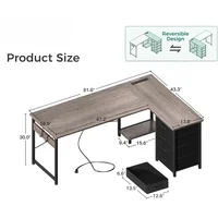 61" L Shaped Desk with 4 Tier Drawers, Power Outlets, Computer Desk with USB Charging Port and Host Stand 2