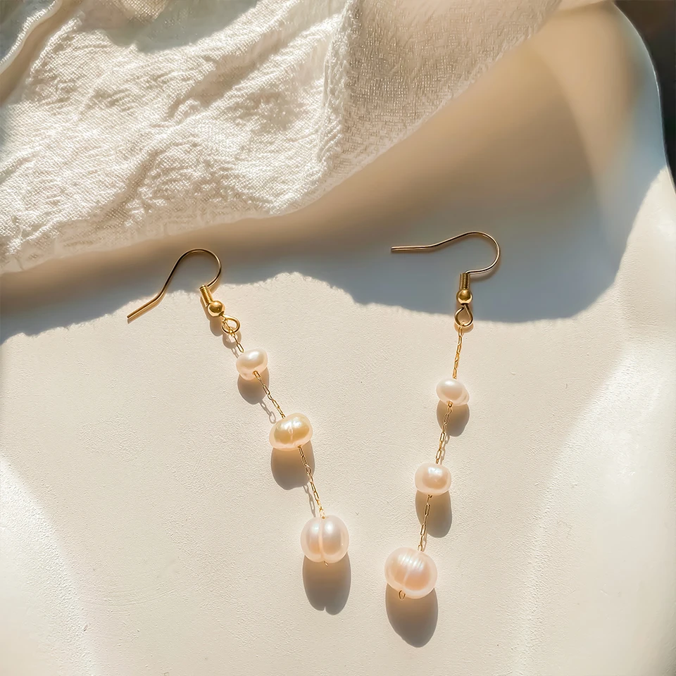 Feine natürliche Süßwasserperlen-Tropfenohrringe, 14 Karat vergoldeter Edelstahl, Zubehör, Damenschmuck, Factory Outlet – Detail 8