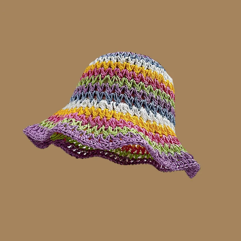 Summer Rainbow Striped Bucket Hat Woman Crochet Beach Fisherman Hat Foldable Handmade Weave Sun Female Panama