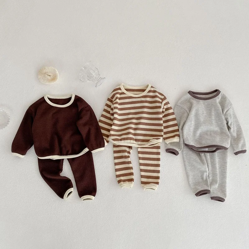 baby shirt clothing set 0-3 year old baby clothes autumn boys and girls striped long-sleeved pullover + shorts baby simple long-sleeved trousers suit Baby Clothing Set medium