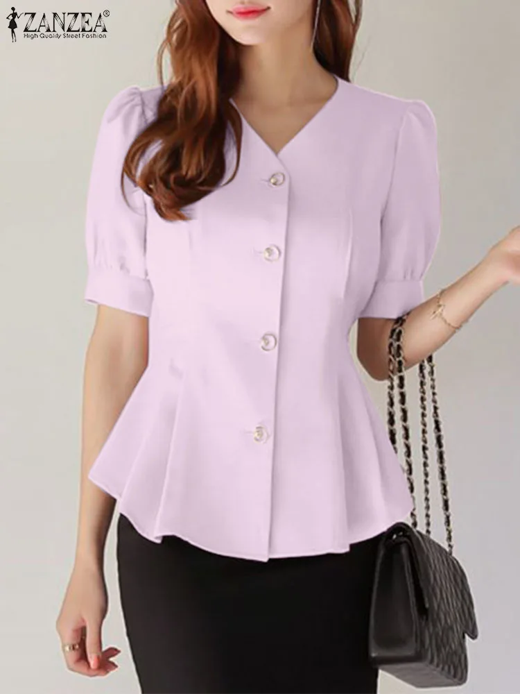 

2023 ZANZEA Elegant Ruffles Hem Tops Stylish Puff Sleeve Blouse Woman V Neck Solid Color Shirt Summer Shirt Ladies Work Blouses