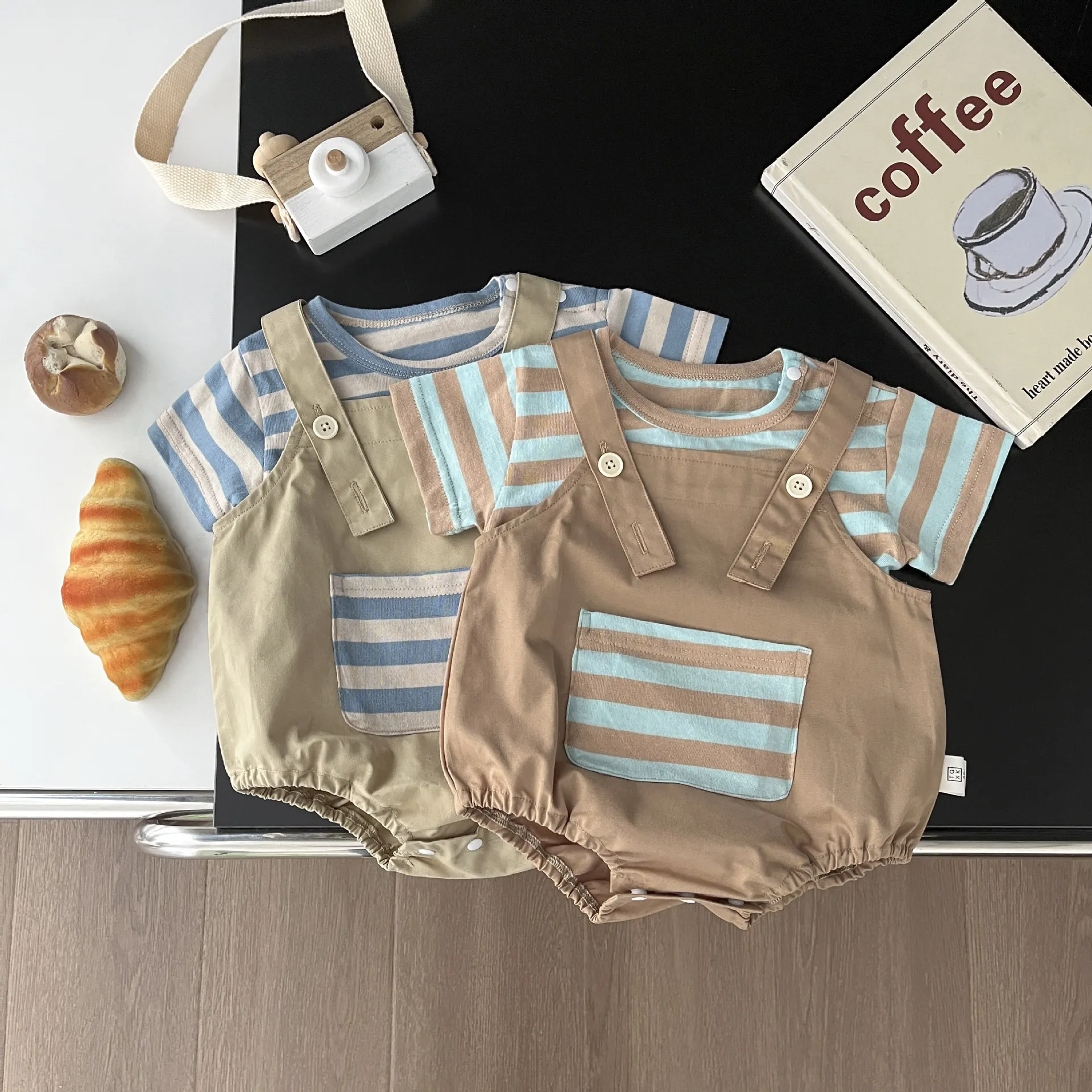 

Summer Baby Clothes Kids Girls Striped Overalls Boy Cotton Short Sleeve Tops + Suspenders Bodysuit 2pcs Infant Cotton Onesie Set